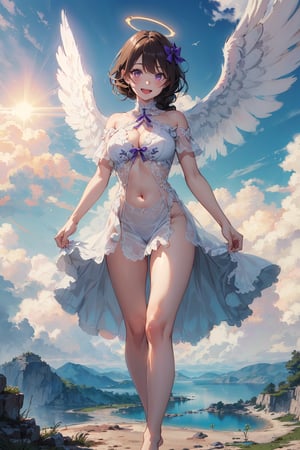 (masterpiece), 1girl, best quality, expressive eyes, perfect face, mature female, large breasts, brown hair, braid, slim body, purple eyes, hair ribbon, angel wings, (detailed white dress, navel, legs, bare_foot, flying, cloudy sky, heaven, smile, sun, open mouth, standing, halo