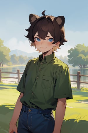 (masterpiece), 1boy, solo male, best quality, expressive eyes, perfect face, sketch style, (sfw), best quality, kemonomimi, bear ears, animal ears, brown hair, short hair, messy_hair, blue eyes BREAK freckles, green shirt BREAK (little boy, young boy), blue pants BREAK grass, looking_at_viewer, blush, standing, fence, trees, blue sky, lake, closed mouth, smile
