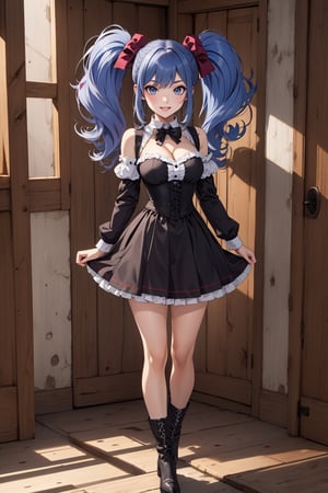 (masterpiece), 1girl, best quality, expressive eyes, perfect face, large breasts, (young woman), mega twintails, light purple hair BREAK puffy dress, purple dress BREAK puffy sleeves, :D, corset, cleavage, Boots, (blue eyes BREAK) red bowtie BREAK legs, standing, mega twintails,mega twintails, white background 