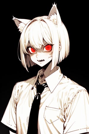 (masterpiece), 1boy, solo male, best quality, emotionless eyes, perfect face, sketch style, best quality, kemonomimi, cat ears, animal ears, white hair, short hair, bob_cut , red eyes BREAK (pale skin:1.2), (handsome boy, adult man), dark aura, (black background, simple_background), formal outfit, short sleeves, white shirt, necktie, standing, looking at viewer, glaring, open_mouth, sharp teeth, glow_in_the_dark, glowing eyes 