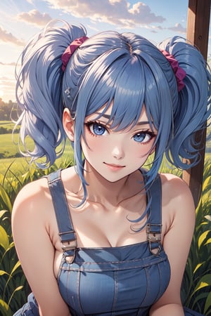 (masterpiece),  1girl,  best quality,  expressive eyes,  perfect face,  large breasts,  (young woman),  mega twintails,  (light purple hair BREAK) blue eyes BREAK mega twintails, sunset sky, naked overalls, straw hat, smile, lips, grass, farm 