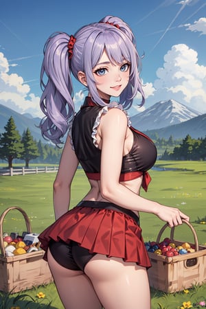 (masterpiece), 1girl, best quality, expressive eyes, perfect face, large breasts, (young woman), mega twintails, (light purple hair BREAK) blue eyes BREAK white frilled shirt BREAK red skirt BREAK from behind, lookiing back, naughty_face, smile, grin, picnic basket, pantyshot, purple panties, cute ass, ass focus, grass, mountains, crops, lakeside, standing, off shoulders, sleeveless
