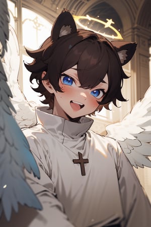 (masterpiece), 1boy, solo male, best quality, expressive eyes, perfect face, sketch style, (sfw), best quality, kemonomimi, bear ears, animal ears, brown hair, short hair, messy_hair, blue eyes BREAK freckles, (priest), (little boy, young boy), white outfit, smile, halo, open mouth, looking_at_viewer, blush, indoors, church, white wings, feathered wings 