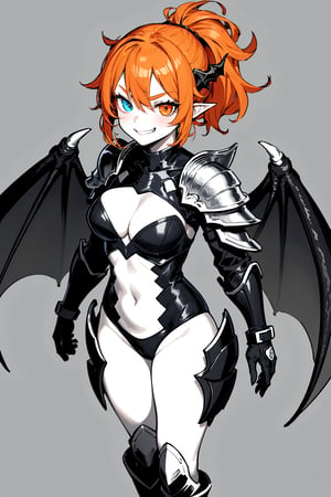 (masterpiece), 1girl, best quality, expressive eyes, perfect face, solo, (dragon girl), orange dragon wings, orange hair, black armor, standing, smirk, cleavage cutout, standing, short_hair, scales, orange_eyes, heterochromia, ponytail, gloves, boots, standing
, orange color, lineart, abstract, orange theme, greyscale, monochrome 