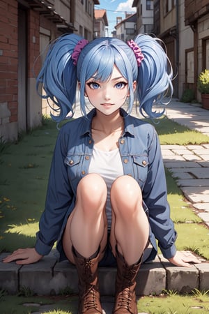 (masterpiece),  1girl,  best quality,  expressive eyes,  perfect face,  large breasts,  (young woman),  mega twintails,  (light purple hair BREAK) blue eyes BREAK mega twintails, sunset sky, checkered shirt, orange shirt BREAK torn shorts, blue shorts BREAK knee Boots, brown Boots BREAK blue jacket BREAK mountain, grin, lips, sitting on grass, outdoors, glaring, standing, legs focus 
