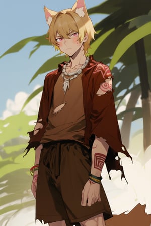 (masterpiece), 1boy, solo male, best quality, expressive eyes, perfect face, sketch style, (sfw), best quality, dog ears, blond hair, short hair, pink eyes BREAK (handsome boy, adult man), standing, tribal, jungle, standing, (brown clothes, torn shirt, torn shorts), outdoors, day sky, daytime, tribal tattoos, tribal, blush stickers, ankle_bracelets, bone necklace, glaring, looking_at_viewer, dog tail 