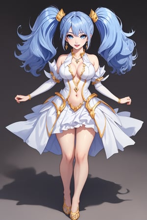 (masterpiece),  1girl,  best quality,  expressive eyes,  perfect face,  large breasts,  (young woman),  mega twintails,  (light purple hair BREAK) blue eyes BREAK mega twintails, (detailed white dress), abstract_background, crystals, (jewerly), earrings, necklace, cleavage cutout, exposed navel, legs, barefeet, full_body, purple lipstick BREAK smile, open_mouth, standing 