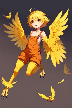 (masterpiece), best quality, expressive eyes, perfect face, 1girl, harpy, yellow feathers, winged arms, yellow wings, bird legs, chick, blonde hair, short hair, orange overalls, :o, cleavage ,small breasts, flying, legs