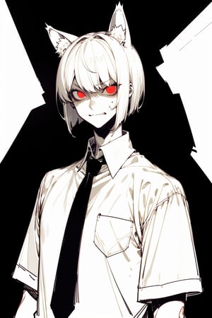 (masterpiece), 1boy, solo male, best quality, emotionless eyes, perfect face, sketch style, best quality, kemonomimi, cat ears, animal ears, white hair, short hair, bob_cut , red eyes BREAK (pale skin:1.2), (handsome boy, adult man), dark aura, (black background, simple_background), formal outfit, short sleeves, white shirt, necktie, standing, looking at viewer, glaring, grin, glow_in_the_dark, glowing eyes 