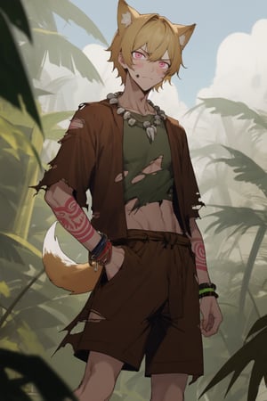 (masterpiece), 1boy, solo male, best quality, expressive eyes, perfect face, sketch style, (sfw), best quality, dog ears, blond hair, short hair, pink eyes BREAK (handsome boy, adult man), standing, tribal, jungle, standing, (brown clothes, torn shirt, torn shorts), outdoors, day sky, daytime, tribal tattoos, tribal, blush stickers, ankle_bracelets, bone necklace, glaring, looking_at_viewer, dog tail 