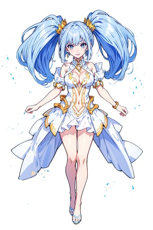 (masterpiece),  1girl,  best quality,  expressive eyes,  perfect face,  large breasts,  (young woman),  mega twintails,  (light purple hair BREAK) blue eyes BREAK mega twintails, (detailed white dress), abstract_background, crystals, (jewerly), earrings, necklace, cleavage cutout, exposed navel, legs, barefeet, full_body, purple lipstick BREAK smile, closed_mouth, standing 