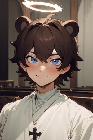 (masterpiece), 1boy, solo male, best quality, expressive eyes, perfect face, sketch style, (sfw), best quality, kemonomimi, bear ears, animal ears, brown hair, short hair, messy_hair, blue eyes BREAK freckles, (priest), (little boy, young boy), white outfit, smile, halo, closed mouth, looking_at_viewer, blush, indoors, church, 