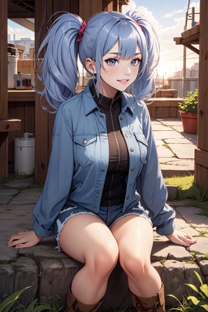 (masterpiece),  1girl,  best quality,  expressive eyes,  perfect face,  large breasts,  (young woman),  mega twintails,  (light purple hair BREAK) blue eyes BREAK mega twintails, sunset sky, checkered shirt, orange shirt BREAK torn shorts, blue shorts BREAK knee Boots, brown Boots BREAK blue jacket BREAK mountain, grin, lips, sitting on grass, outdoors, naughty smile, standing, legs focus, side view 