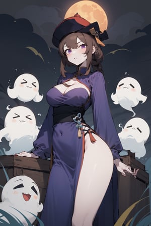 (masterpiece), 1girl, solo, best quality, expressive eyes, perfect face, sketch style, mature female, large breasts, brown hair BREAK braid, slim body, purple eyes BREAK cleavage cutout, standing, ((pale skin)), china dress, purple dress, jiangshi, qing_guanmao, hat, pelvic curtain, graveyard, (dark sky, dark clouds), moon, grass, little cute ghosts 