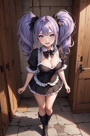 (masterpiece), 1girl, best quality, expressive eyes, perfect face, large breasts, (young woman), mega twintails, light purple hair BREAK puffy dress, purple gothic dress BREAK puffy sleeves, :D, corset, cleavage, Boots, (blue eyes BREAK red bowtie BREAK), legs, standing, mega twintails