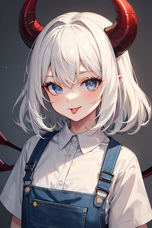 (masterpiece), best quality, expressive eyes, perfect face, 1girl, solo, demon girl, white hair, yellow horn, white shirt, red overalls, closed_mouth, tongue out, :p