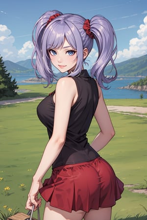 (masterpiece), 1girl, best quality, expressive eyes, perfect face, large breasts, (young woman), mega twintails, (light purple hair BREAK) blue eyes BREAK white frilled shirt BREAK red skirt BREAK from behind, lookiing back, naughty_face, smile, grin, purple panties, cute ass, ass focus, grass, mountains, crops, lakeside, standing, off shoulders, sleeveless