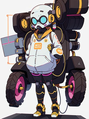 RAW image, a robot, black and white gas mask head, (full body:1.6), body with several multicolored connections and wires, brown pneumatic cables, electric circuits, hologram, yellow and black, pink tractor wheels, golden cap, nice looking, best image, masterpiece, lens 300mm, 8k, (white background:1.3), multiple_angle views, long focal length