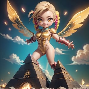 cammy, camm -1, sfv,baby face,chibi,((8 years)), (an cute+ innocent+ little girl), has_wings, using a gold bodysuit, back view, (fairy_wings:1.8), (levitating on multicolored pyramids of Egypt, clouds:1.8), clouds,(masterpiece, best_quality, ultra-detailed), beautiful cute detailed face,full body,(yellow eyes:1.6), (neon lights:1.2), glowing colors, (thepit bimbo:1.5), best quality,masterpiece, detailed,beautiful cute detailed face, (smile:1.6), pink lips, sun tanned, (multicolored double braids hair:1.6), beautiful detailed eyes,8k,female_solo, professional photography, perfect body, back view, ass focus, (shoulder armor:1.8),big ass, pantie micro thong, show open ass, metal choker golding,  lying , seductive_pose, scifi city, open legs,dark studio, (masterpiece:1.5), (best quality, highest quality), (ultra detailed), (8k, 4k, intricate), (300mm), (highly detailed:1.3),(detailed face:1.5), detailed_eyes,(gradients),(ambient light:1.5),(cinematic composition:1.5),(HDR:1),Accent Lighting,extremely detailed,original, highres,(perfect_anatomy:1.5),cinematic,(scifi), fantasy, (sfw)