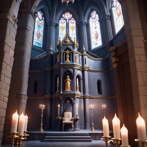 masterpiece, best image, sharp image, detailed image, castle interior, stairs, candlesticks, torches, intricate, stained glass, throne, mezzanine, (empty castle:1.6), no people, gargoyle, sculptures, other statues, 50mm lens, long shot, 8k, panoramic view of castle interior