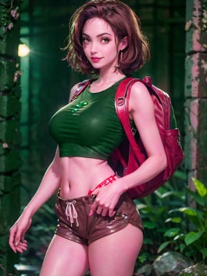 anjo, (thepit bimbo:1.5), image detail, 1 girl, masterpiece, best picture, hourglass waist, belly button, black eyes, light brown hair, short bob hair, fair skin, thick eyebrow, thick thigh, big ass, medium height, wearing (green top undeboob:1.4), (red backpack:1.4), sexy (brown short shorts:1.4), gray adventure shoe, full body view, cave, stones, volumetric light, (bloom:1. 2), (optical flare effect:1.2), lens 50mm, medium depth of field, raytrace, jaguar art, 8k, holding a white gemstone and showing to the viewer, sexy smile, discreet smile, seductive smile, seductive look, cinematic image