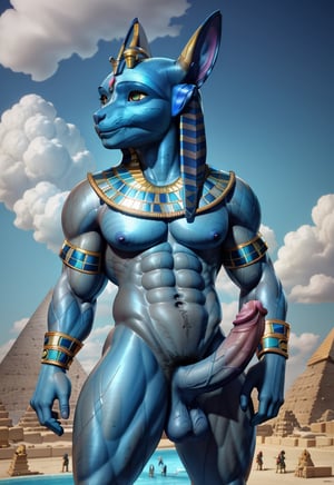 an attractive man, (frontal view:1.6), (big penis:1.6),(solo:1.6) swimwear, (head of the Egyptian god Anubis:1.6), focus on the big cock, bare belly, navel, ((blue skin:1.6)), muscular, golden armor, golden bracelet, golden anklet, barefoot, bare thighs, big cock, fight, legs spread, best image, sharp image, looking at his own cock, expression of power, lightning, clouds, mountains, pyramids, 8k, 50mm lens, cinematography