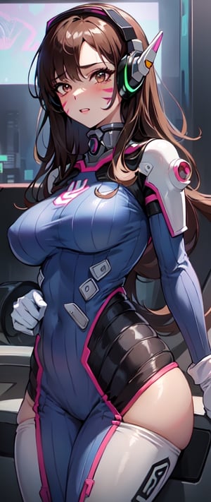 1 teen girl, ((beautiful and sexy girl)), from behind, sexy posing, cyberpunk, blushed, eyeliner, long hair, brown hair, headphones, whisker markings, shoulder pads, blue bodysuit, ribbed bodysuit, animal print, clothes writing, long sleeves, white gloves, white high shoes, ((big breasts 
 breasts)), (round booty), (tiny waist), (thick thighs), (((masterpiece))), (((best quality))), (((highres))), (((intricate details))), (((ultra detailed hair))), (((ultra detailed eyes))), (((ultra detailed face))), ((ultra detailed skin)), (perfect body), ((perfect hands)), (((perfect lighting))), 