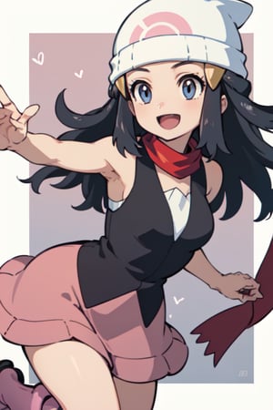 ((masterpiece)), ((best quality)), ((beautiful and delicate)), ((ultra detailed)), (dynamic pose), dynamic angle, 1girl, dawn \(pokemon\), black shirt, sleeveless, red scarf, pink skirt, pink boots, white headwear, beanie, smile,