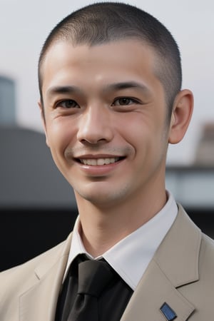 A portrait of a 30 years old man, ((black buzzcut)), in a business suit. smile