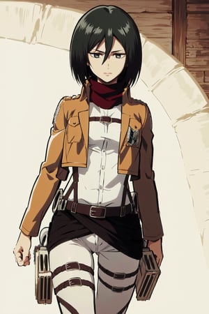  4k, wallpaper,Full body, (Best Quality), (Masterpiece), a very exquisite and beautiful girl, very detailed, amazing, with exquisite details, official art, super detailed, high-level,  shingeki no kyojin, mikasa ackerman, 1girl, arm strap, bangs, black hair, black pants, breasts, cowboy shot, embers, green eyes, hair between eyes, long sleeves, looking at viewer, medium breasts, pants, red scarf, scarf, shirt, short hair, solo, thigh strap,  brown jacket, white shirt, survey corps \(emblem\), ((masterpiece)), best quality, ,hmmikasa, black eyes