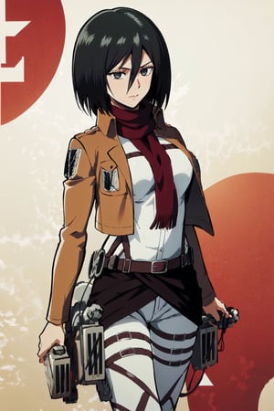  4k, wallpaper,Full body, (Best Quality), (Masterpiece), a very exquisite and beautiful girl, very detailed, amazing, with exquisite details, official art, super detailed, high-level,  shingeki no kyojin, mikasa ackerman, 1girl, arm strap, bangs, black hair, black pants, breasts, cowboy shot, embers, green eyes, hair between eyes, long sleeves, looking at viewer, medium breasts, pants, red scarf, scarf, shirt, short hair, solo, thigh strap,  brown jacket, white shirt, survey corps \(emblem\), ((masterpiece)), best quality, ,hmmikasa, black eyes