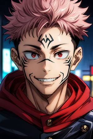 (masterpiece), best quality, expressive eyes, perfect face, looking at viewer, front view, close-up on face, 1male, SUKUNA, smile, red eyes, pink hair, TATTOO_ON_HIS_FACE, school uniform, black jacket, red hood, street, city, night, itadori yuji