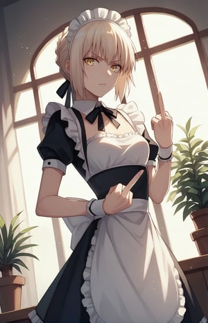 score_9, score_8_up, score_7_up, score_6_up, score_5_up, score_4_up, BREAK source_anime, 1girl, clothed, saber alter, indoors, potted plant, window, sunlight, by kasumi \(skchkko\), looking at viewer, serious, dutch angle, maid uniform, braid, double middle finger,

