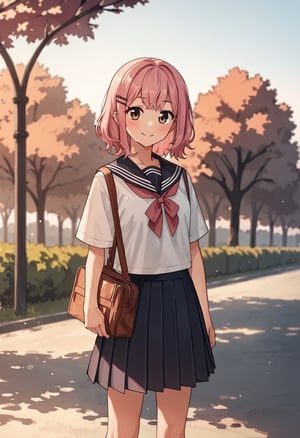 score_9, score_8_up, score_7_up, score_6_up, score_5_up, score_4_up, BREAK source_anime, rating_safe, limebreaker, 1girl, school uniform, cute, smile, blush, pink hair, outdoors, scenery