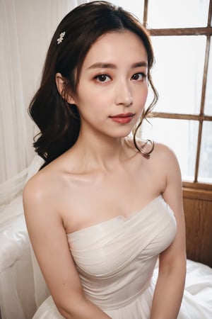 18 years old  woman,angel face,beautiful eyes, slight smile,hair bang, (thin), upper body, (fair skin), (strapless white wedding dress:1.3), wooden,natural light,glass window,fitting room,wedding gowns,dof,analog,realism,photorealistic