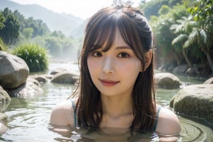 (real photo, soft natural light, bokeh),
woman, (pure  face), slight smile,  long hair,  Alishan hot spring, (body in water), fog, stones