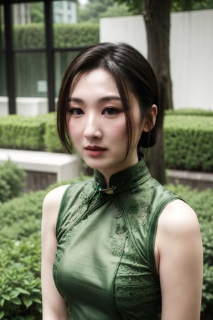 woman, pure face, (green qipao:1.2), lace, upper body, medium breasts, outdoor, flower garden