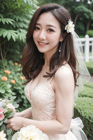 Smile, Raw Photo, ( wedding gown, blue lace), (wavy hair), (flower garden)