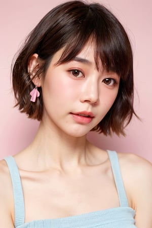 Chinese woman, short hair, cute face,  Pink dress, white ribbon, medium breast, slender, (short pants), pastel blue background, photorealistic , vintage