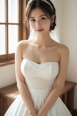 18 years old  woman,angel face,beautiful eyes, slight smile,hair bang, (thin), upper body, (fair skin), (sexy strapless white wedding dress:1.3), wooden,natural light,glass window,dof,analog,realism,photorealistic