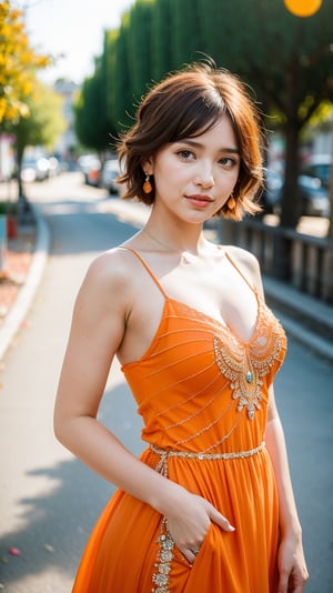 (Raw photo, real photo, bokeh:1.2) , young woman, short hair, (Bohemian orange wedding gown:1.2), (upper body), (streets of French village:1.1)