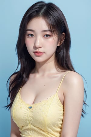 19 years old female, pure face, slight smile, studio light,  yellow lace camisole, revealing, upper body, blue pastel background ,1 girl,yuzu