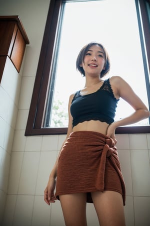 18 years old Chinese girl, (pure face), laugh, lace tank top, (strap:0.5), sarong, bathroom, (natural light), 50mm, f/1.2, view from below