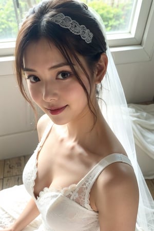 18 years old  woman,angel face,beautiful eyes, slight smile,hair bang, upper body, (sexy white wedding dress:1.3), wooden,natural light,glass window, analog,realism,photorealistic,(From above),(lace), extended downblouse