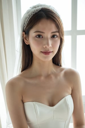 18 years old  woman,angel face,beautiful eyes, slight smile,hair bang, (thin), upper body, (fair skin), (strapless white wedding dress:1.3), wooden,natural light,glass window,dof,analog,realism,photorealistic