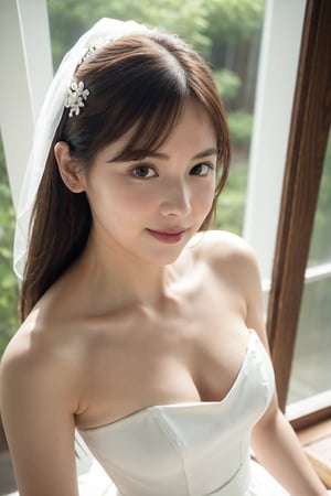 18 years old  woman,angel face,beautiful eyes, slight smile,hair bang, (thin), upper body, (fair skin), (sexy strapless white wedding dress:1.3), wooden,natural light,glass window,dof,analog,realism,photorealistic,(From above,From side)