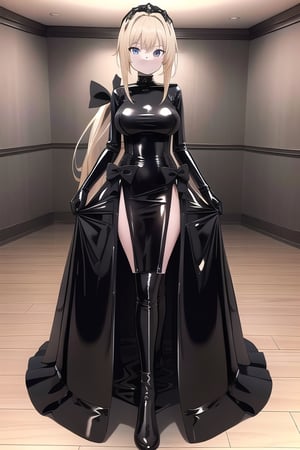 Black latex dress with long ball gown skirt, huge black latex bow at the waist, long black latex gloves, high black latex booties, long blonde hair with ponytail with enormous latex bow, Alicezuberg, 1girl, solo, medium breasts, standing, looking at viewer, indoor, basement, blue color basement, fullbody, ENTIRE PLANE, (extremely detailed CG unity 8k wallpaper), (ultra-detailed), (best illustration), (best shadow), (an extremely delicat EEe and beautiful), finely detail, (shine), 