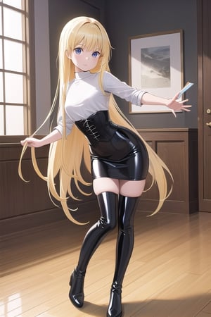 black latex long pencil skirt, black shirt, black latex Corset top, black thigh high boots long blonde hair, alicezuberg, 1girl, solo, standing, medium breasts, indoor, dance room, looking at viewer, fullbody,  ENTIRE PLANE, (extremely detailed CG unity 8k wallpaper), (ultra-detailed), (best illustration), (best shadow), (an extremely delicat EEe and beautiful), finely detail, (shine),