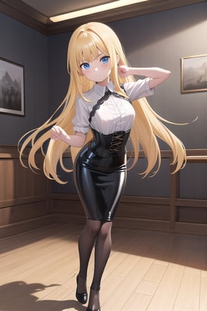 black latex long pencil skirt, black shirt, black latex Corset top, long blonde hair, alicezuberg, 1girl, solo, standing, medium breasts, indoor, dance room, looking at viewer, fullbody,  ENTIRE PLANE, (extremely detailed CG unity 8k wallpaper), (ultra-detailed), (best illustration), (best shadow), (an extremely delicat EEe and beautiful), finely detail, (shine),