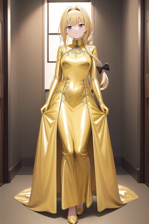 Big gold latex ballgown dress, gold latex gloves, hair with Pull-Through Braid Ponytail with very enormous gold latex bow, closed skirt, long blonde hair, alicezuberg, 1girl, solo, standing, medium breasts, indoor, basement, looking at viewer, fullbody,  ENTIRE PLANE, (extremely detailed CG unity 8k wallpaper), (ultra-detailed), (best illustration), (best shadow), (an extremely delicat EEe and beautiful), finely detail, (shine),